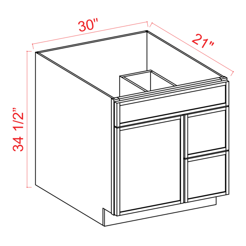 Slim Shaker White Dove Vanity Sink Base - 30"W x 34 1/2" x 21"D - 1 False Front,1D, 2 Left DRW