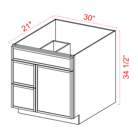 Slim Shaker White Oak Vanity Sink Base - 30"W x 34 1/2" x 21"D - 1 False Front,1D, 2 Right DRW