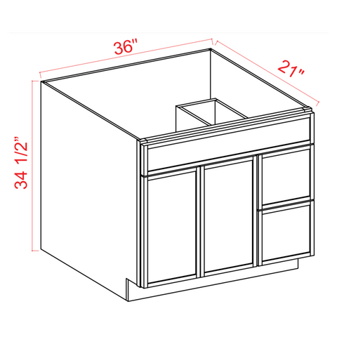 Slim Shaker Aberdeen Green Vanity Sink Base - 36"W x 34 1/2" x 21"D - 1 False Front,2D, 2 Left DRW