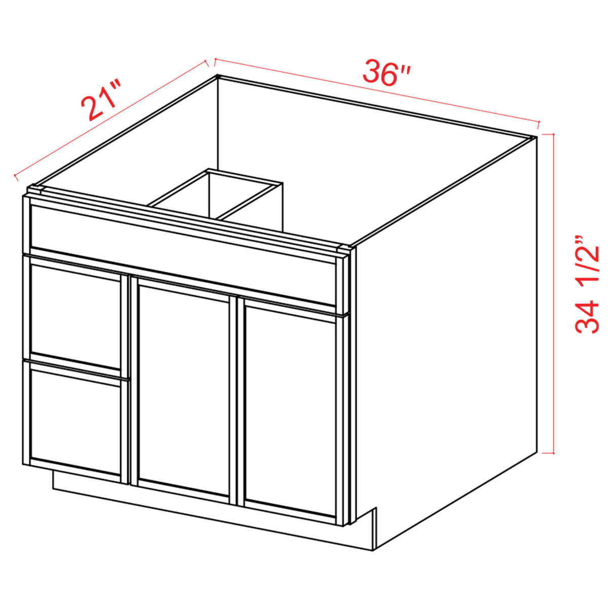 Slim Shaker Aberdeen Green Vanity Sink Base - 36"W x 34 1/2" x 21"D - 1 False Front,2D, 2 Right DRW