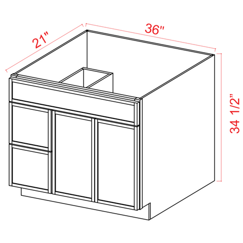 Slim Shaker White Dove Vanity Sink Base - 36"W x 34 1/2" x 21"D - 1 False Front,2D, 2 Right DRW