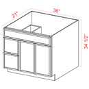 Slim Shaker White Oak Vanity Sink Base - 36"W x 34 1/2" x 21"D - 1 False Front,2D, 2 Right DRW