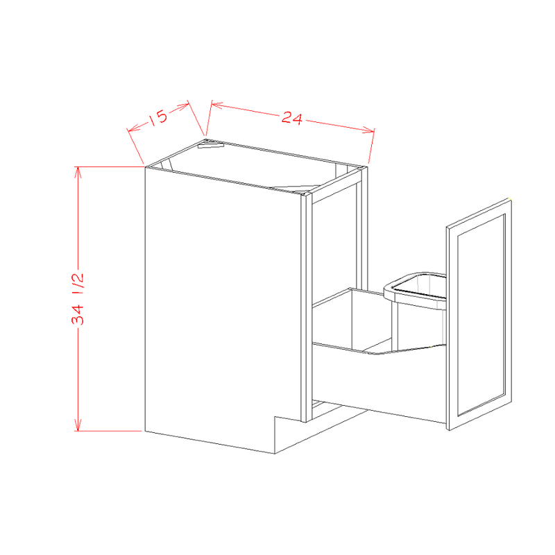 Shaker Cinder 15" Full Height Door Base Cabinet w/ Single Trash Can Pullout