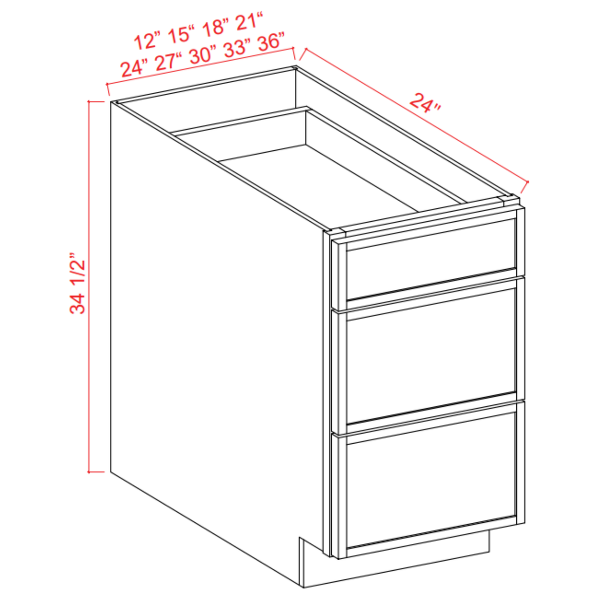 Slim Shaker Aberdeen Green Drawer Base Cabinet - 12"W x 34-1/2"H x 24"D - 3DRW
