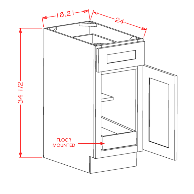 Shaker Cinder 18" Base Cabinet w/ 1 Rollout Shelf Pre-Assembled