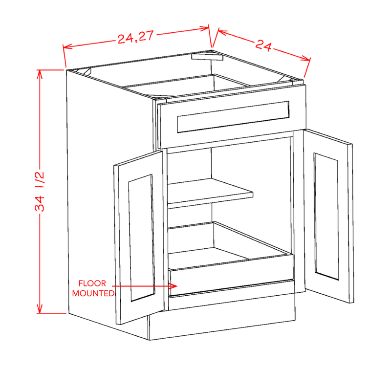 Shaker Cinder 27" Base Cabinet w/ 1 Rollout Shelf Pre-Assembled