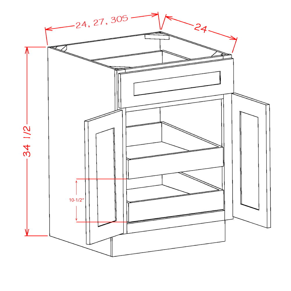 Shaker Essence Oak Two Rollout Shelf Base Cabinet Kit -27"W x 34-1/2"H x 24"D -2D-1DR-2RSA