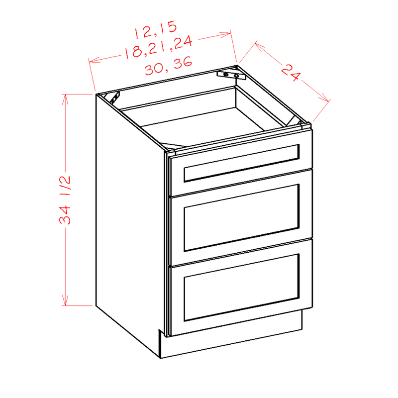 Shaker Cinder 15" 3-Drawer Base Cabinet Pre-Assembled