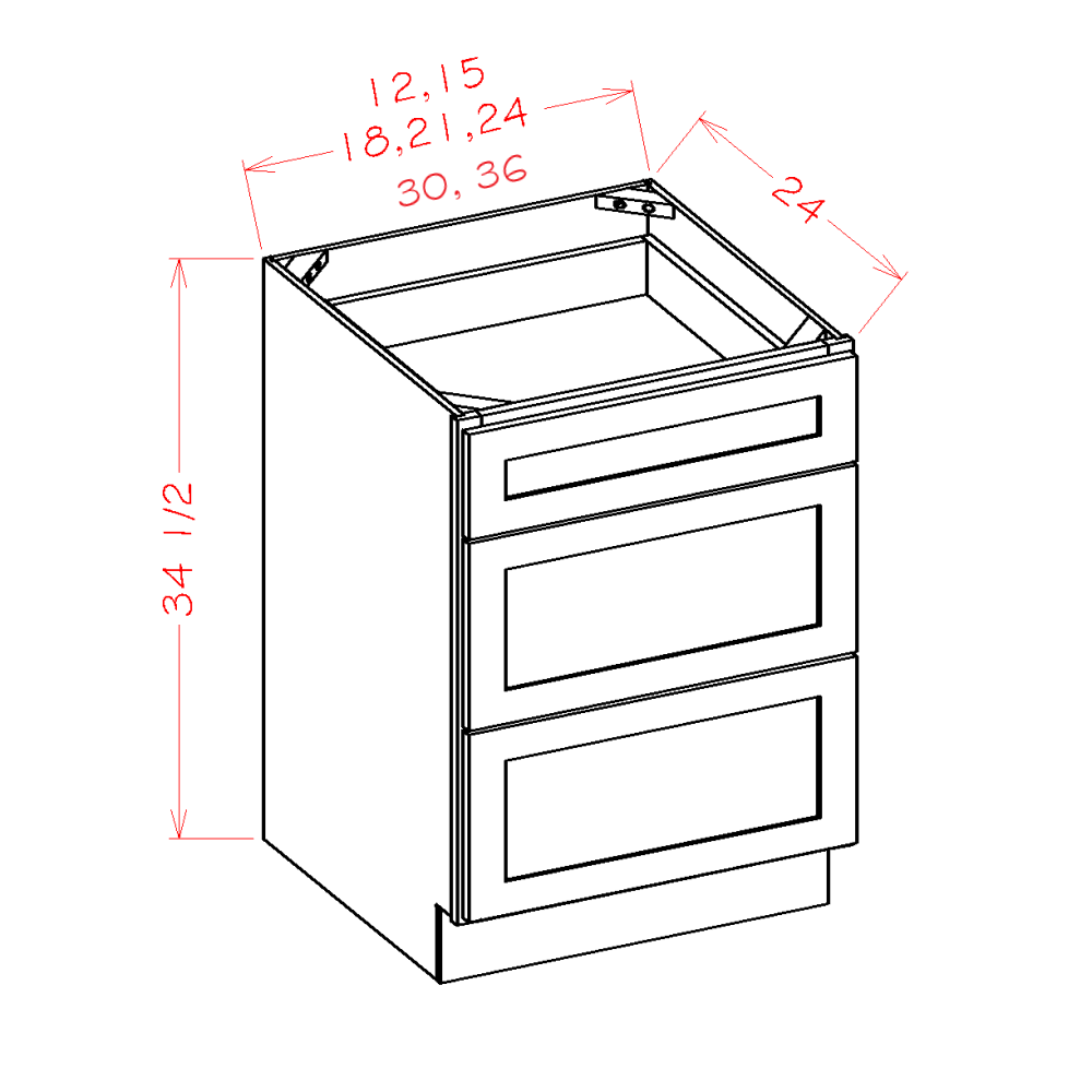 Shaker Unfinished Three Drawer Base Cabinet - 12"W x 34-1/2"H x 24"D-3DR Pre-Assembled