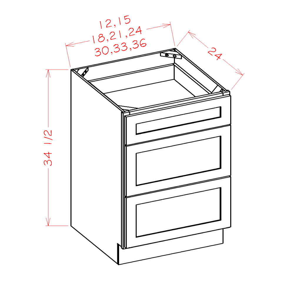 Shaker Essence Oak Three Drawer Base Cabinet - 33"W x 34-1/2"H x 24"D -3DR