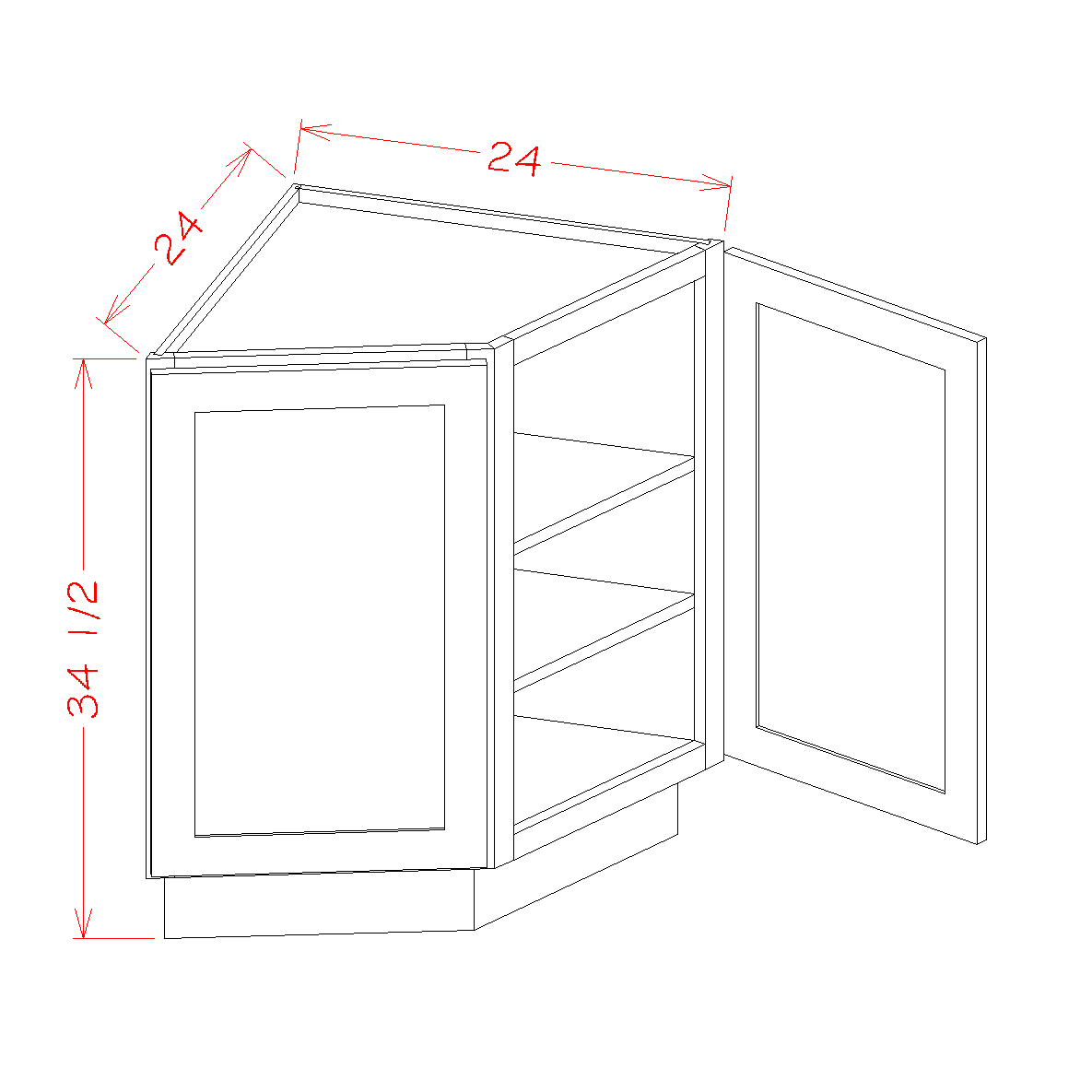 Shaker Essence Oak Angle Base Cabinet - 24"W x 34-1/2"H x 24"D -2D-2S