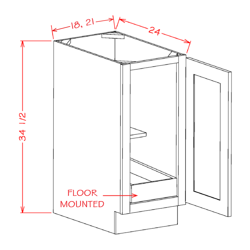 Shaker Essence Oak Full Height Door One Rollout Shelf Base Cabinet Kit - 21"W x 34-1/2"H x 24"D -1D-1RSA