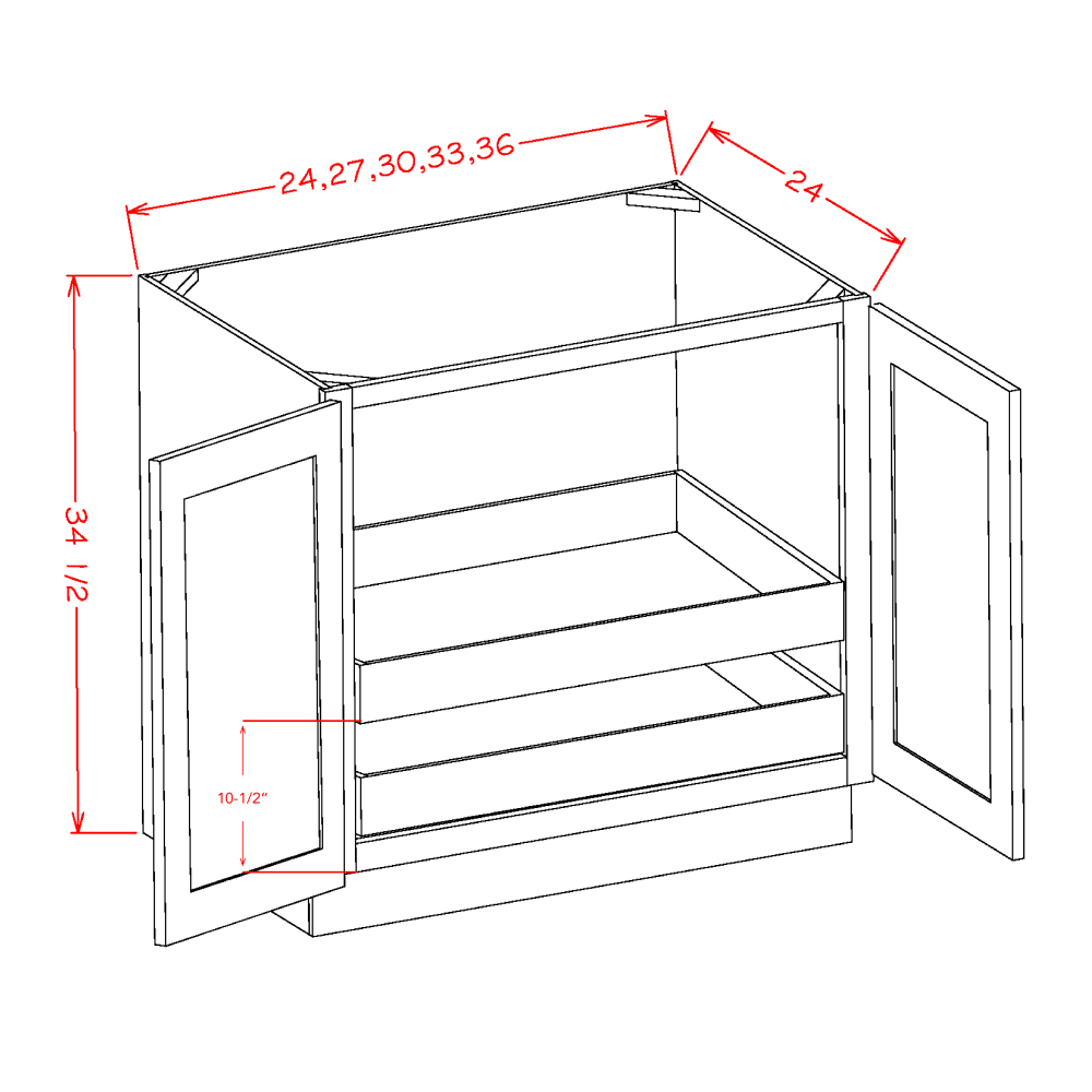 Shaker Essence Oak Full Height Door Two Rollout Shelf Base Cabinet Kit - 24"W x 34-1/2"H x 24"D -2D-2RSA