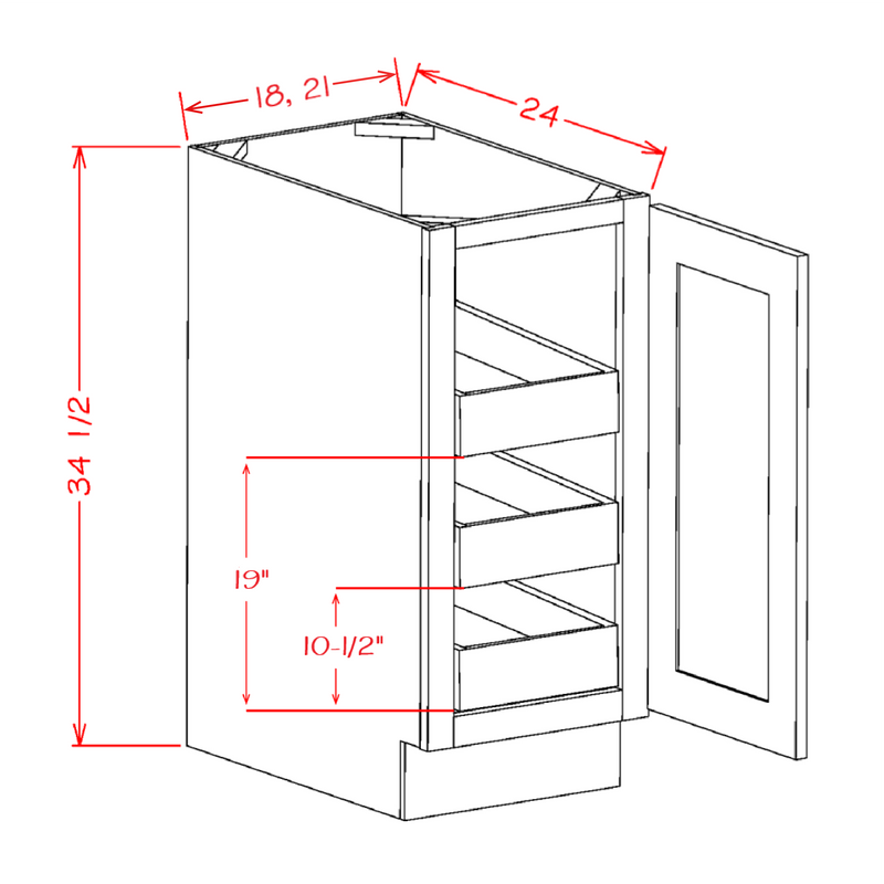 Shaker Cinder 21" Full Height Door Base Cabinet w/ 3 Rollout Shelves Pre-Assembled