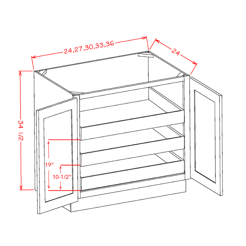 Shaker Cinder 27" Full Height Door Base Cabinet w/ 3 Rollout Shelves