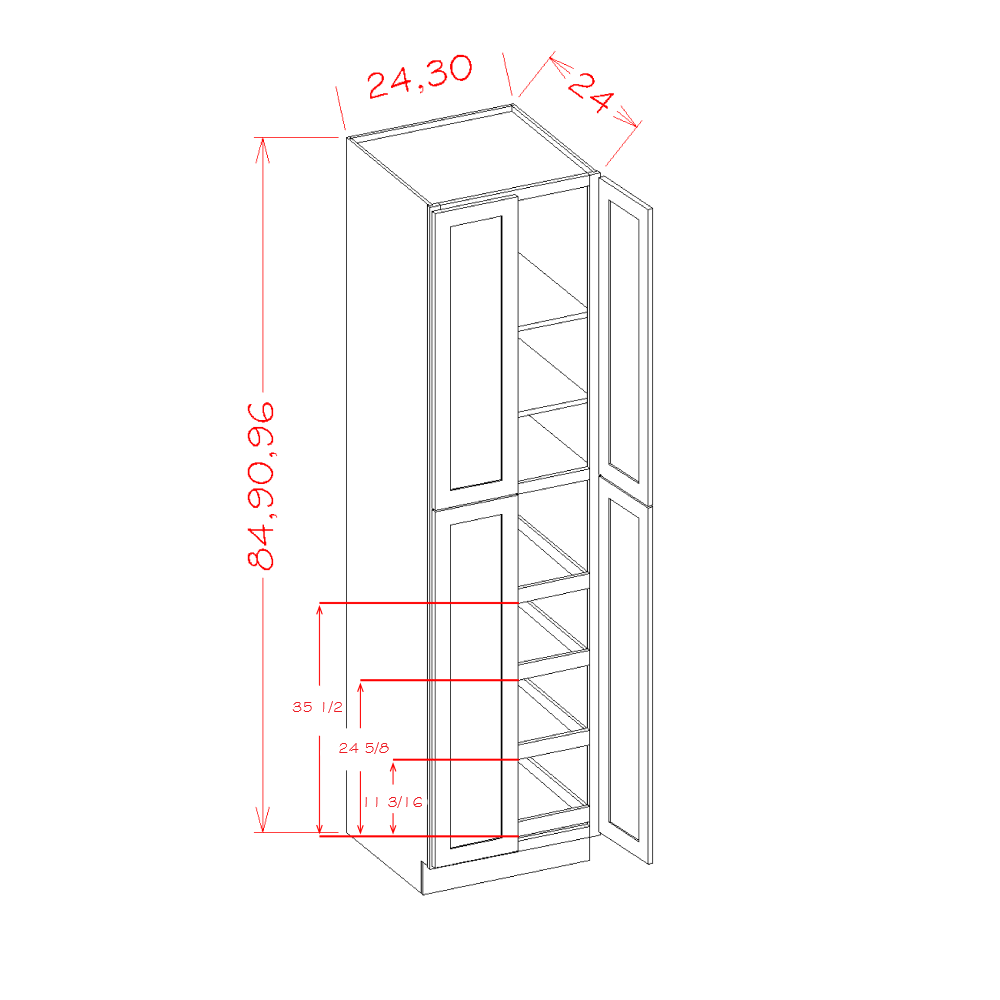 Shaker Unfinished Four Rollout Shelf Utility Cabinet Kit - 24"W x 96"H x 24"D -4D-3S-4RSA