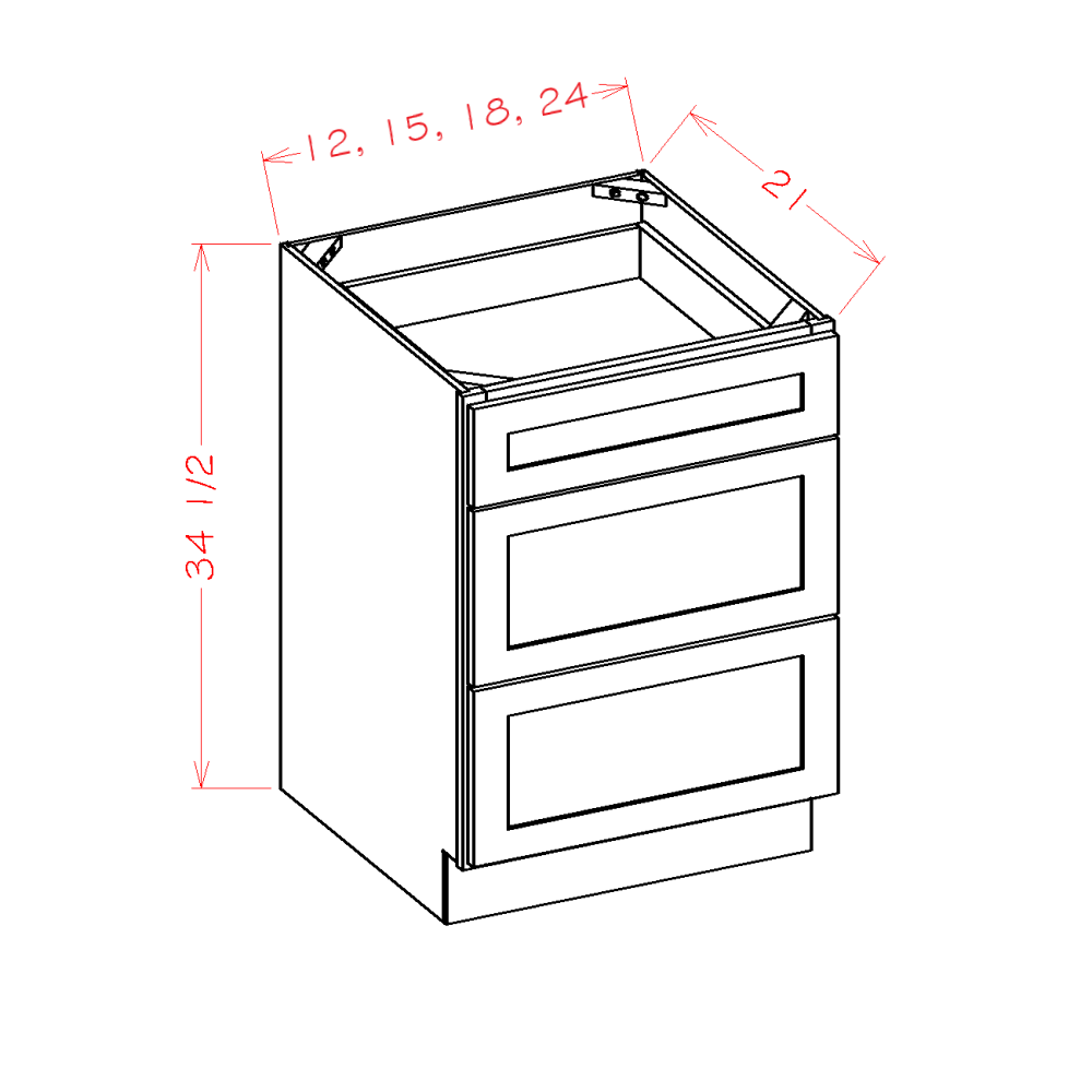 Shaker Unfinished Three Drawer Vanity Base Cabinet - 24"W x 34-1/2"H x 21"D-3DR