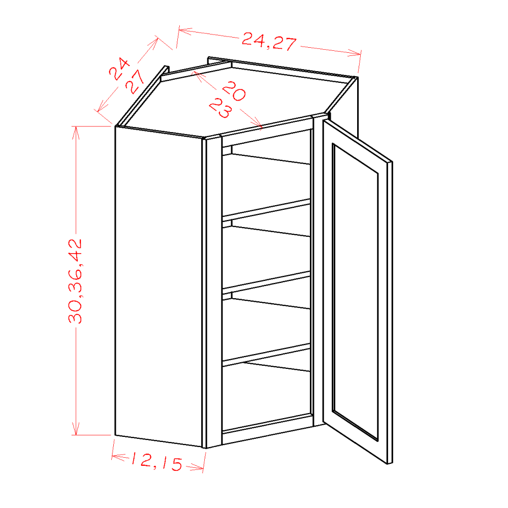 Shaker Essence Oak Wall Diagonal Corner Cabinet - 24"W x 36"H x 12"D -1D-2S