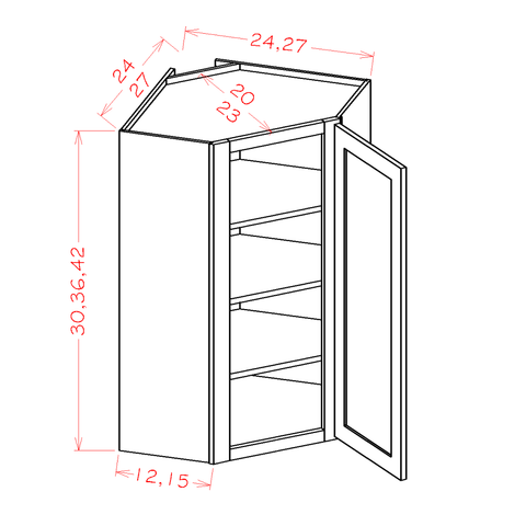 Shaker Essence Oak Wall Diagonal Corner Cabinet - 24"W x 36"H x 12"D -1D-2S