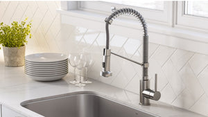 Kitchen sink area with faucet and plant on white counter