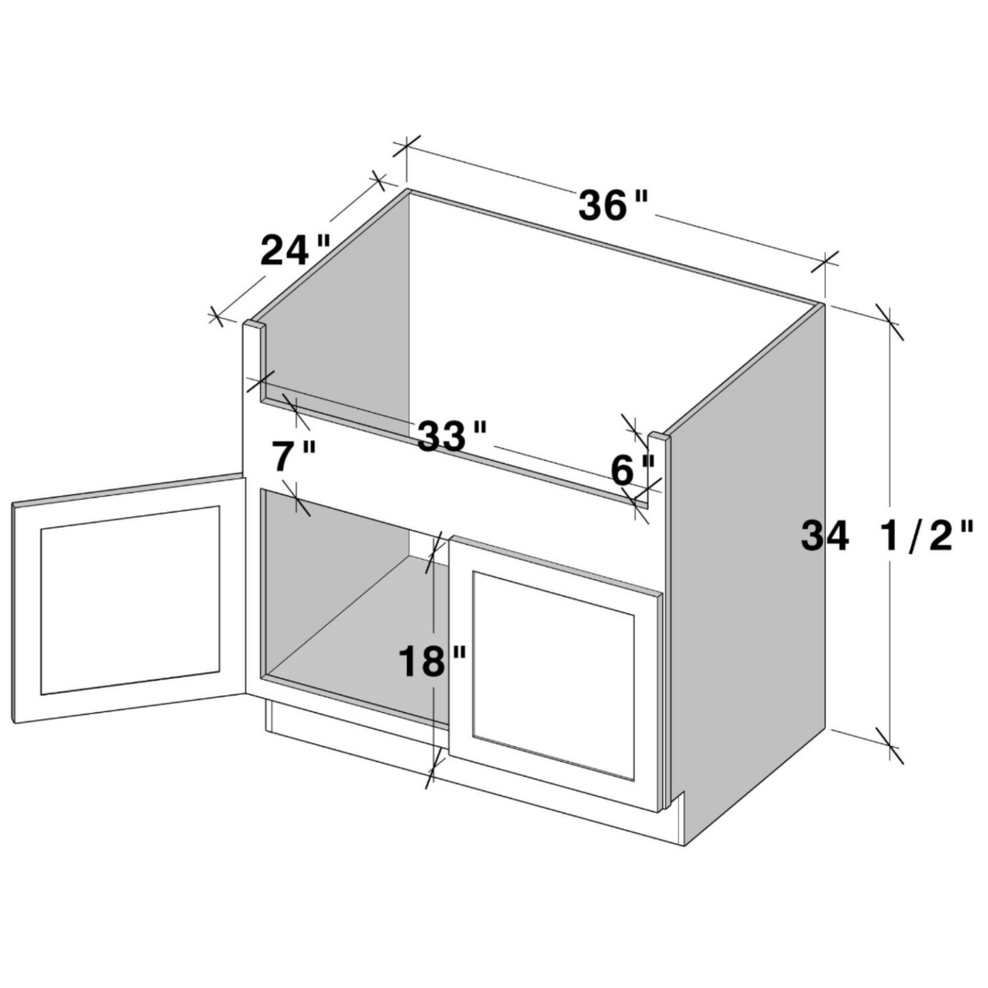Laurel Natural Farmhouse Sink Cabinet W36" X H34.5" X D24". In Box Dimensions Will Fit 33"W X 6"H Farm Sinks. Front Frame Can Be Modified To Fit Upto 11"H Farm Sinks.