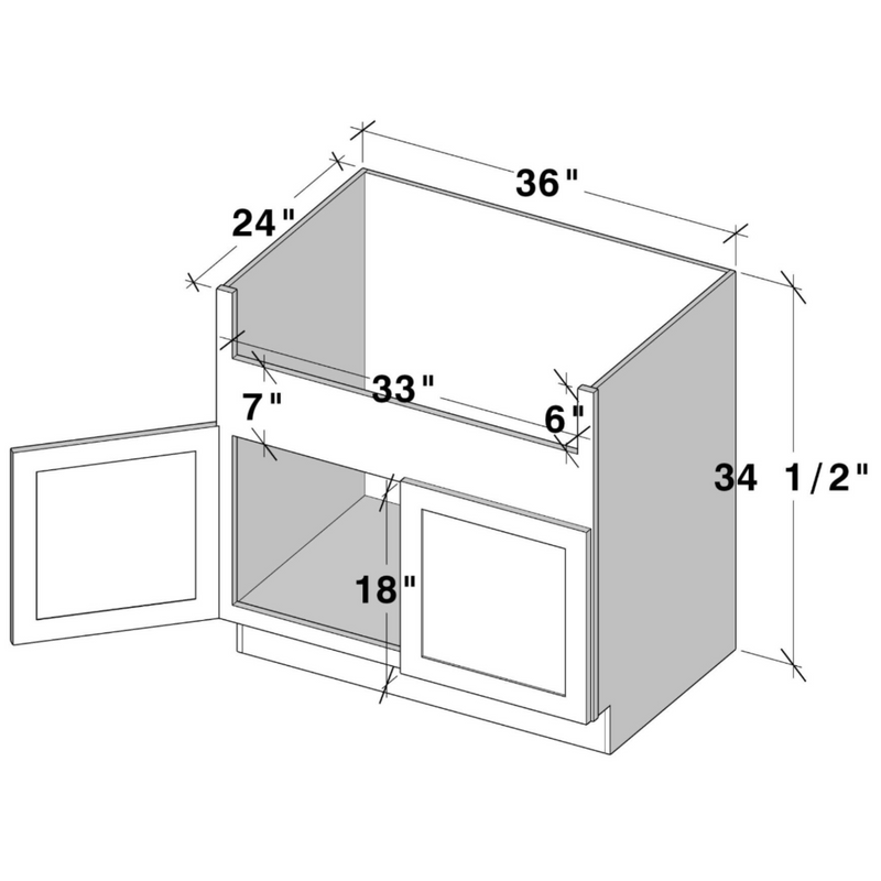 Unfinished Shaker Farmhouse Sink Cabinet W36" X H34.5" X D24". In Box Dimensions Will Fit 33"W X 6"H Farm Sinks. Front Frame Can Be Modified To Fit Upto 11"H Farm Sinks.