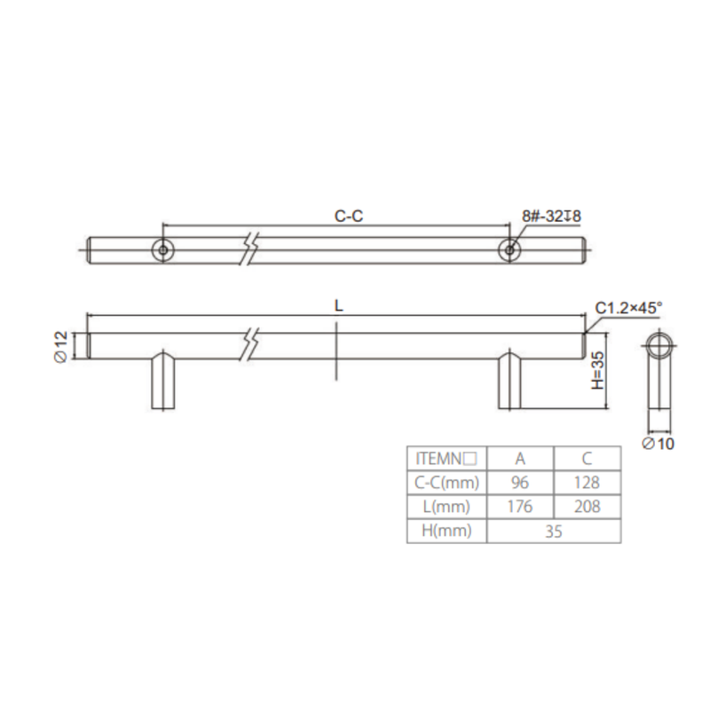 Steel Bar Handle 12Mm,128Mm 208Mm, Brushed Gold