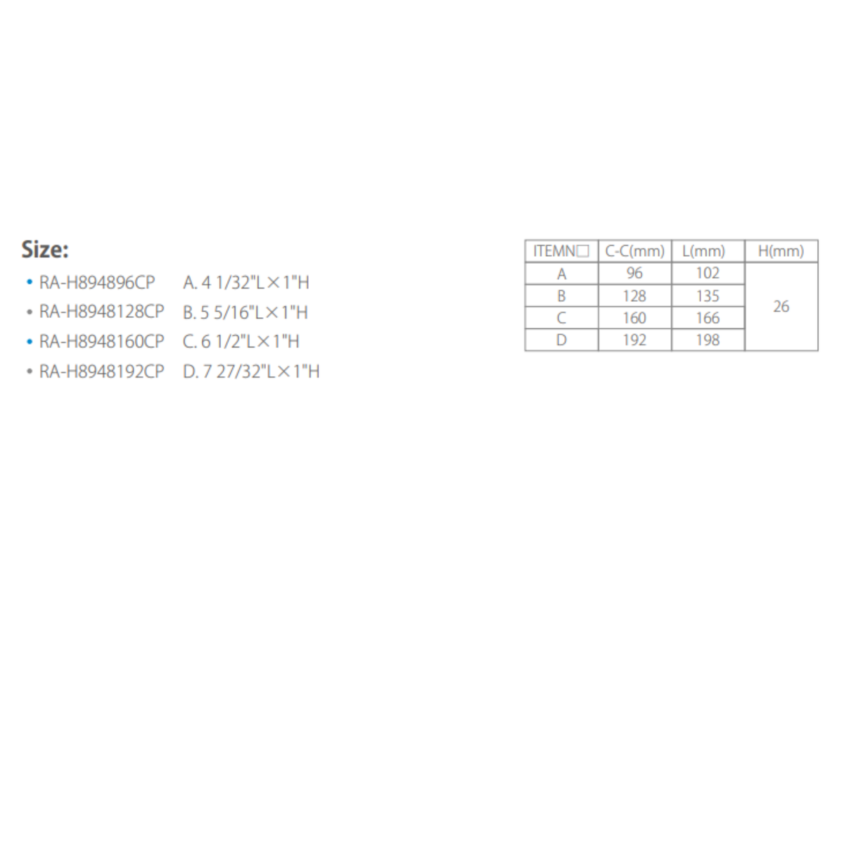 Zamak Handle 192 198Mm, H 26Mm Cp