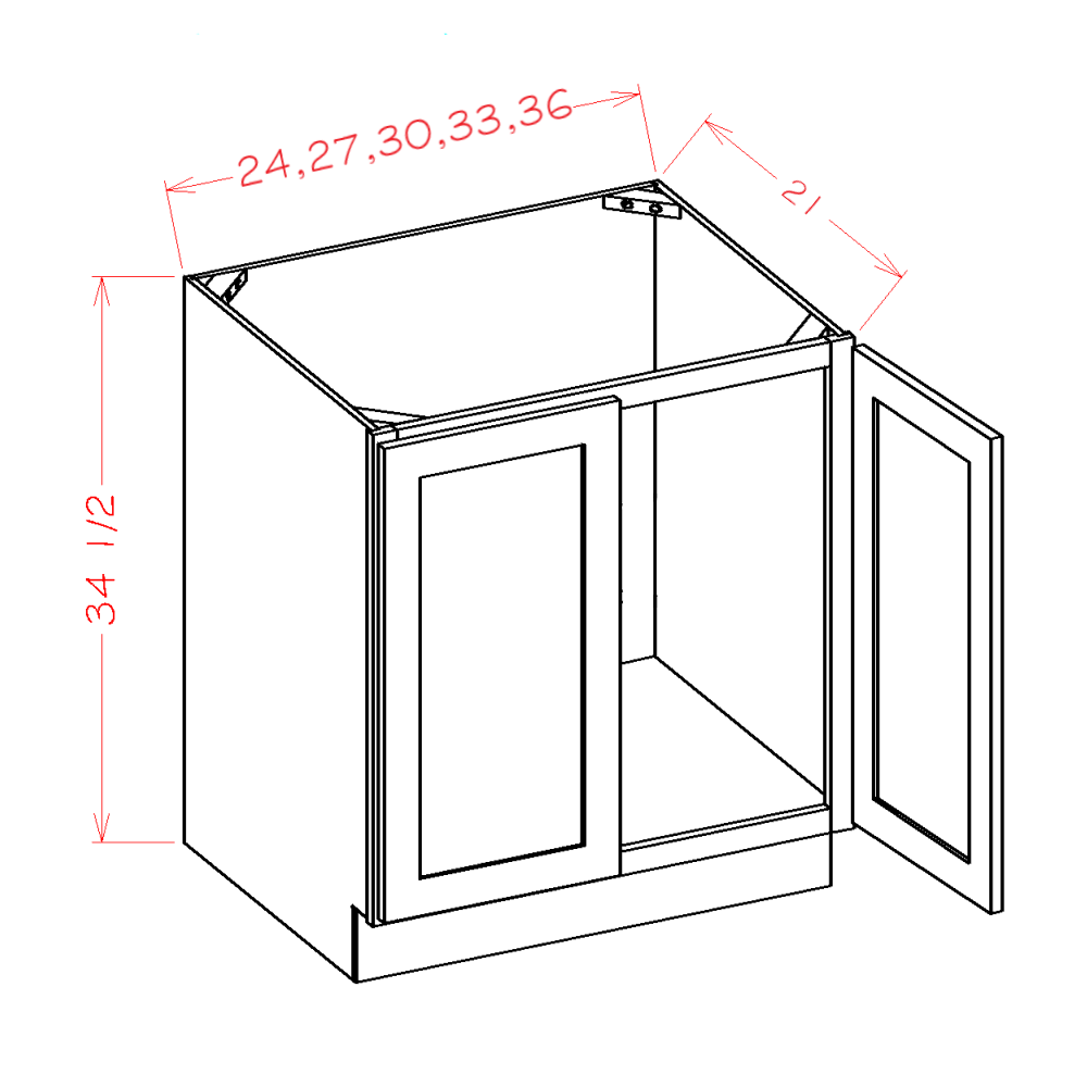 Shaker Unfinished Full Height Door Vanity Sink Base Cabinet - 33"W x 34-1/2"H x 21"D -2FHD Pre-Assembled