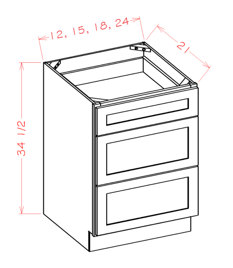 Shaker White Three Drawer 24" Vanity Base Cabinet