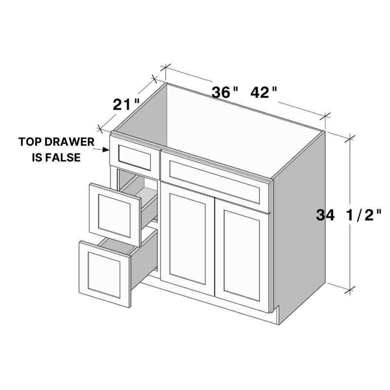 Unfinished Shaker Vanity Base Drawers On Left W42" X H34.5" X D21"