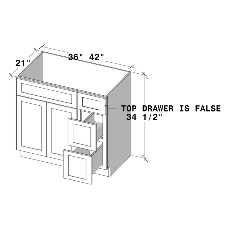 Arctic White Slim Shaker Vanity Base Drawers On Right W36" X H34.5" X D21"