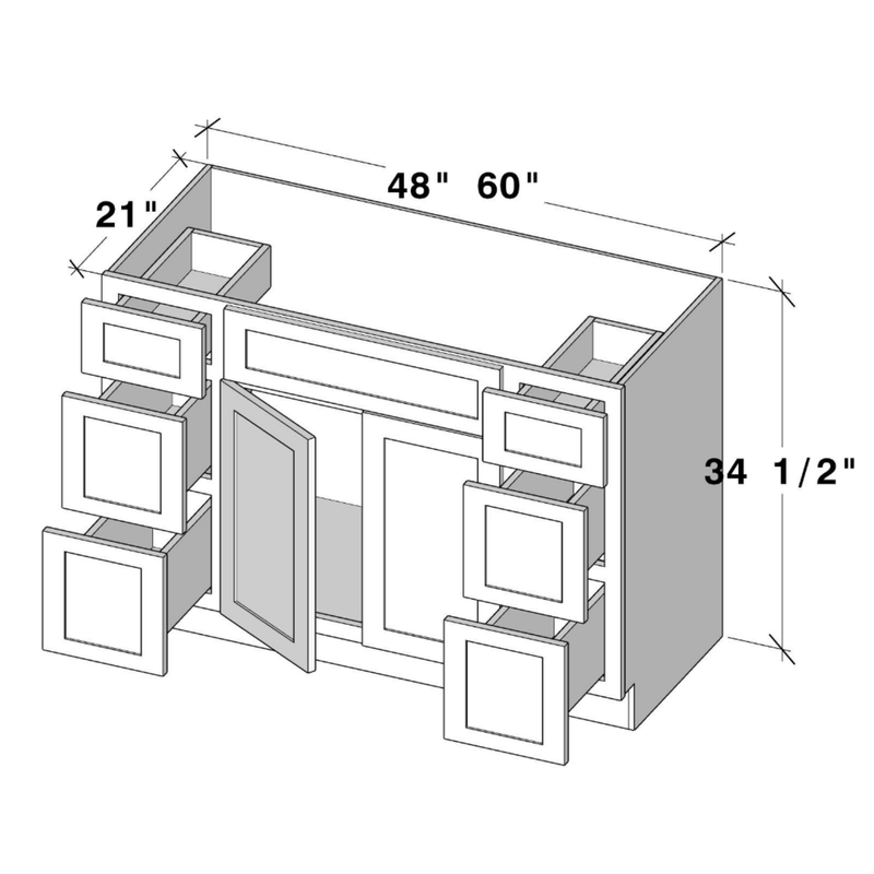 Unfinished Shaker Vanity Single Sink Base With 6 Drawers W48" X H34.5 X D21"