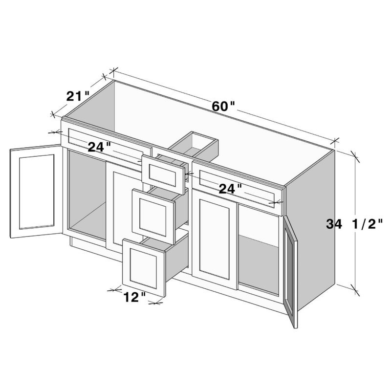 Arctic White Slim Shaker Vanity Double Sinks With 3 Drawers W60" X H34.5" X D21"