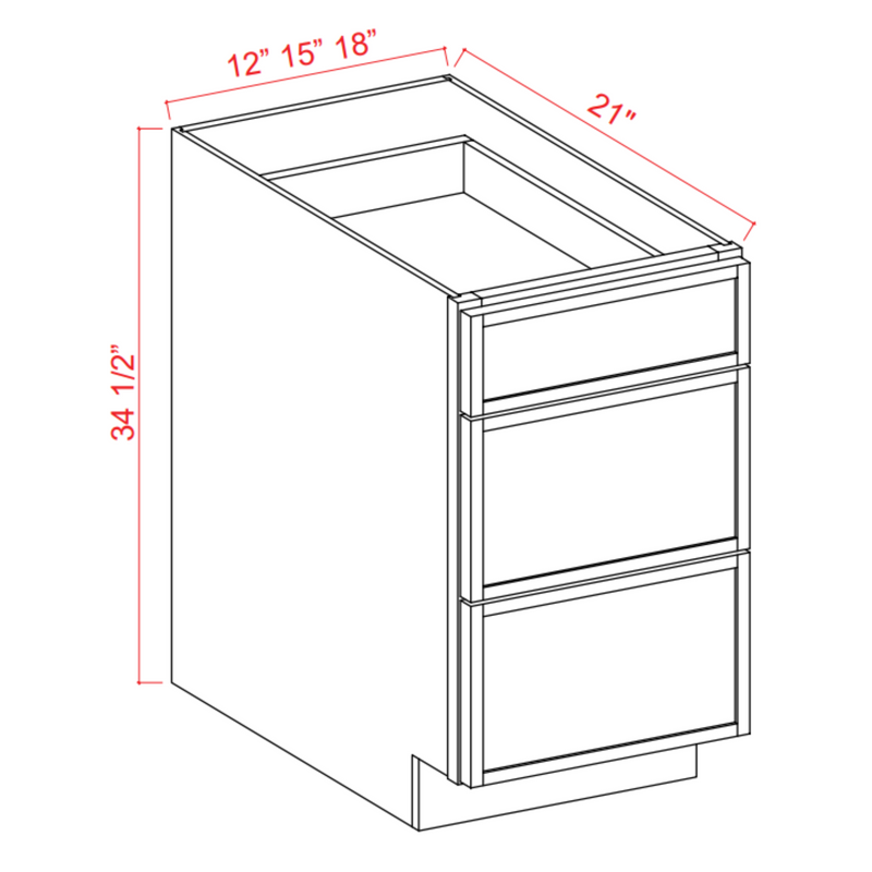 Slim Shaker White Dove Vanity Drawer Base Cabinet - 12"W x 34 1/2"H x 21"D - 3 DRW