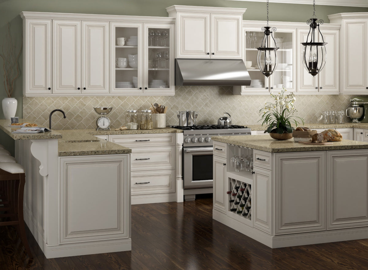 Ellington Vintage White Raised Panel Cabinets