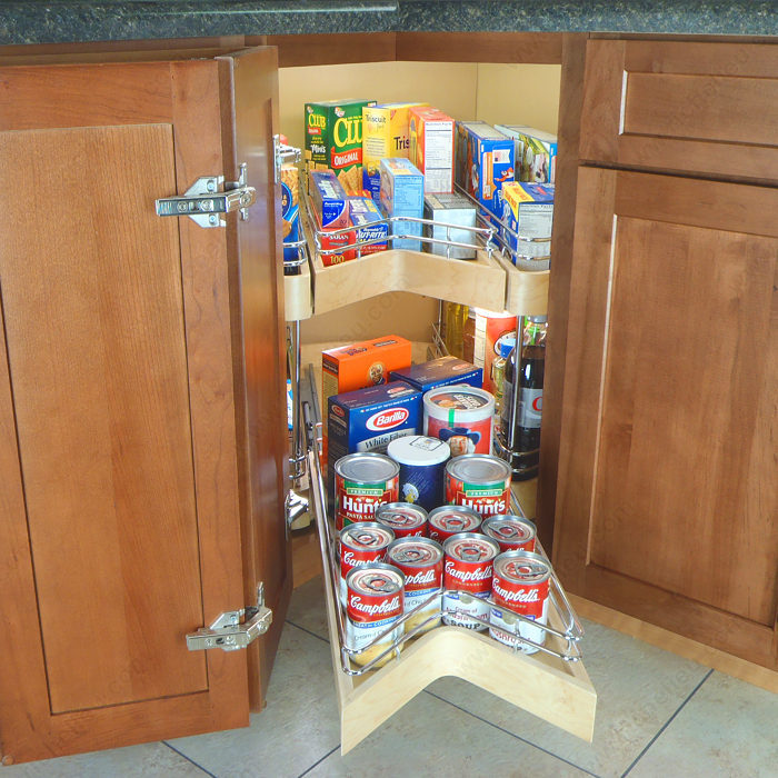 Pull out Lazy Susan System with Two Swiveling Shelves and Drawers