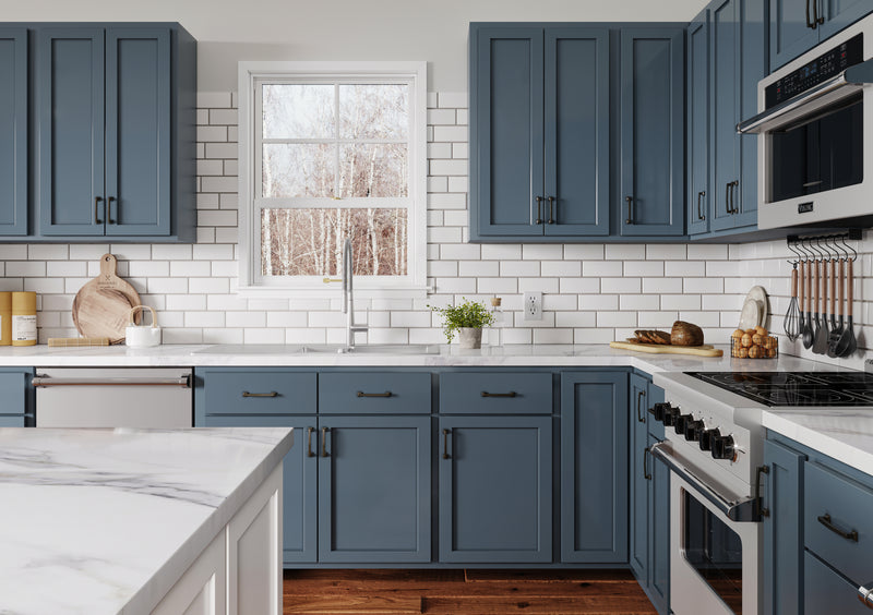 Amish Provincial Blue Kitchen Cabinets - 10x10 L-Shaped Kitchen Design