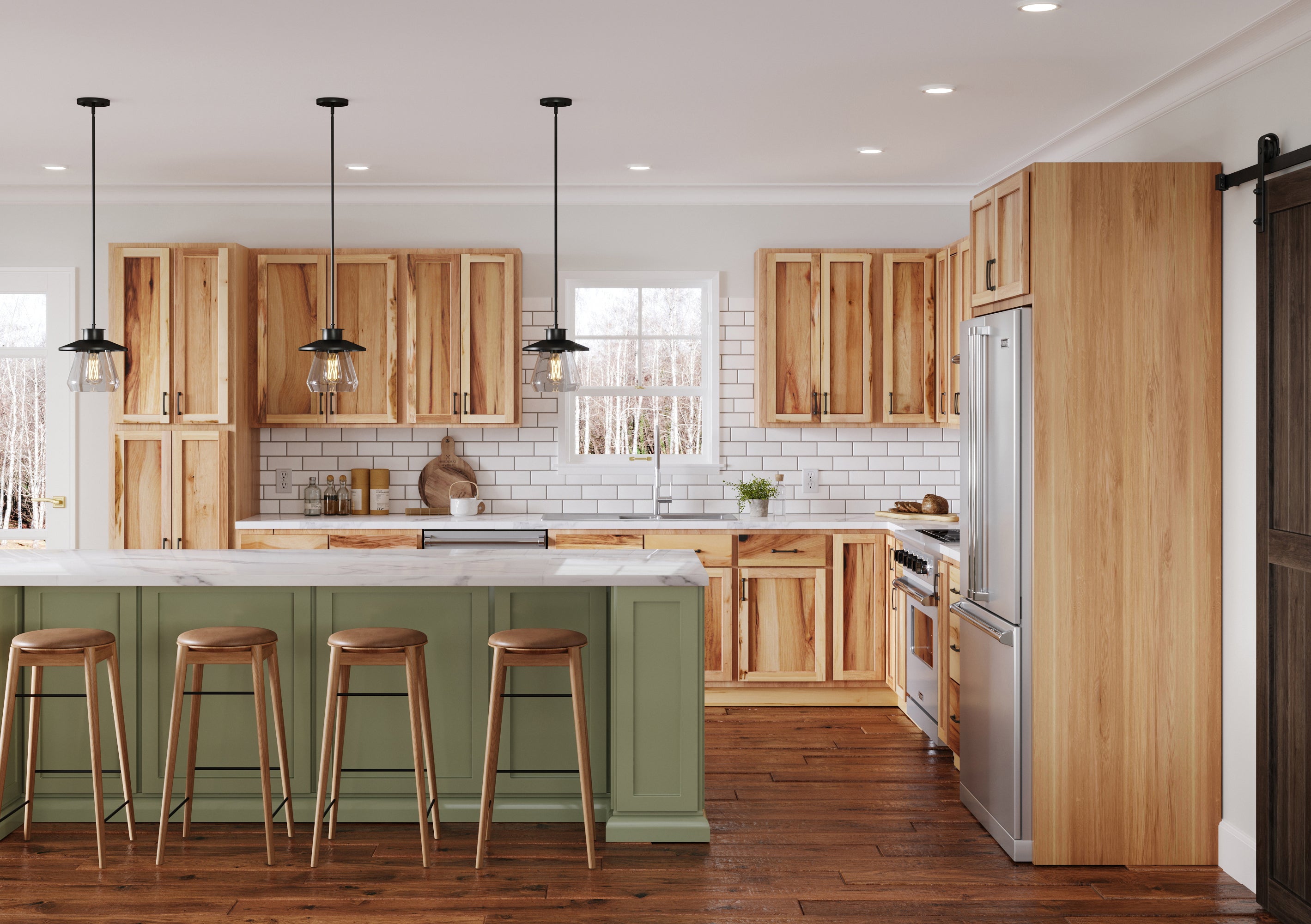 green blue kitchen wall with hickory cabinet