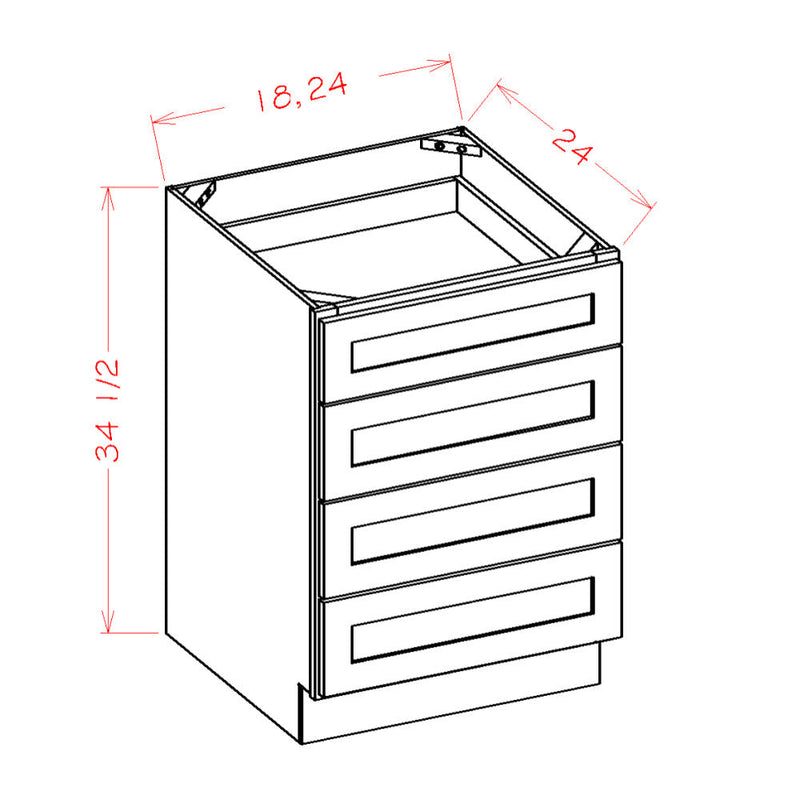 Maple Unfinished 18" 4-Drawer Base Cabinet