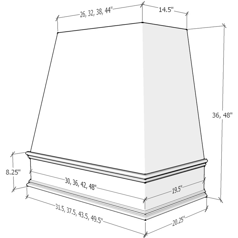 30" Wood Range Hood - Raleigh Tapered Classic Moulding Smooth Wood Vent Cover